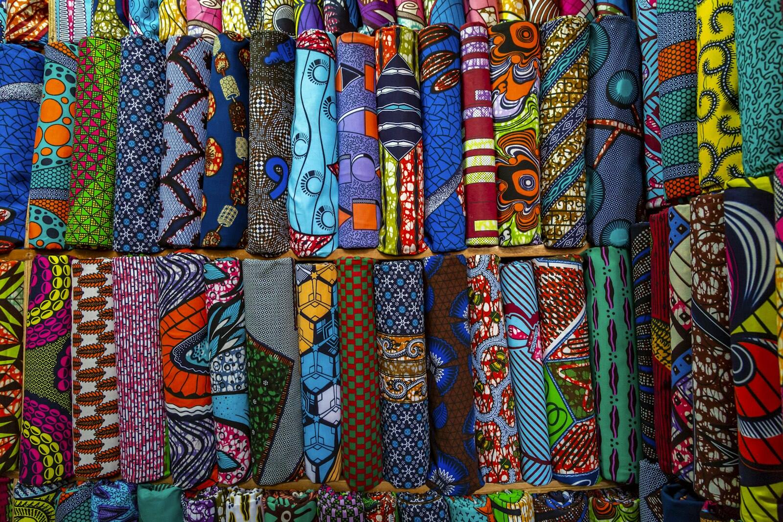 Colourful textiles at Adjamé Market in Abidjan, Côte d'Ivoire