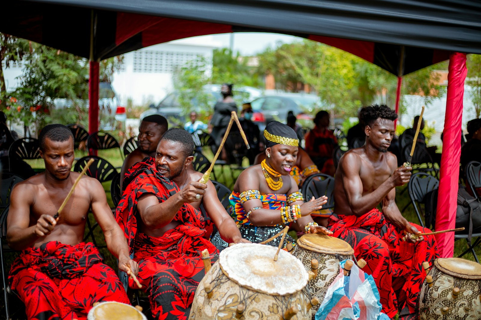 Drummers performing together in Accra, Ghana